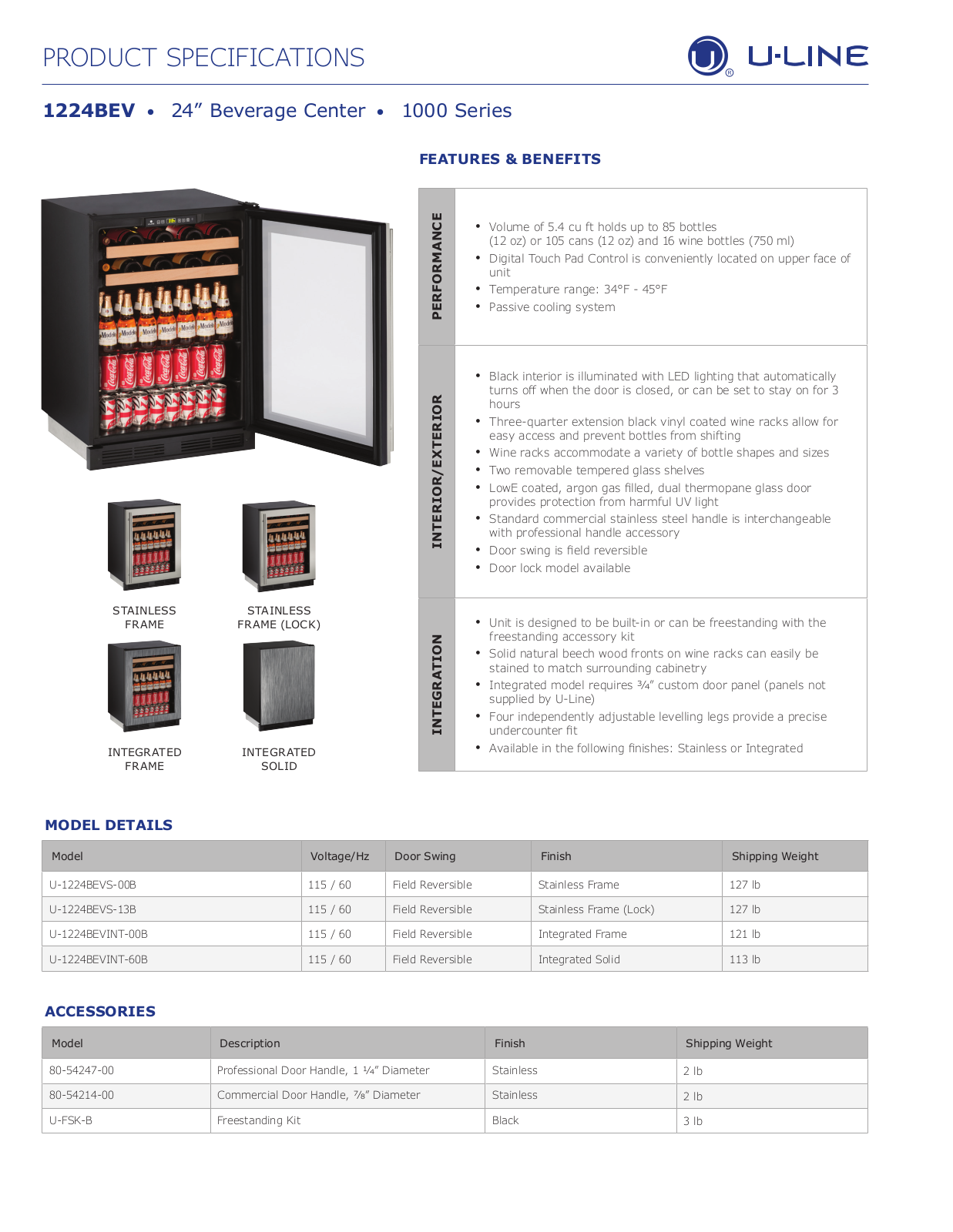 U-Line U1224BEVS00B, U1224BEVINT00B, U1224BEVS13B Specifications