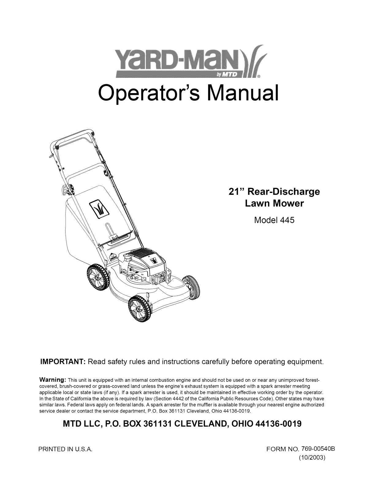 Yard-Man 12A-445E755, 12A-445D701 Owner’s Manual