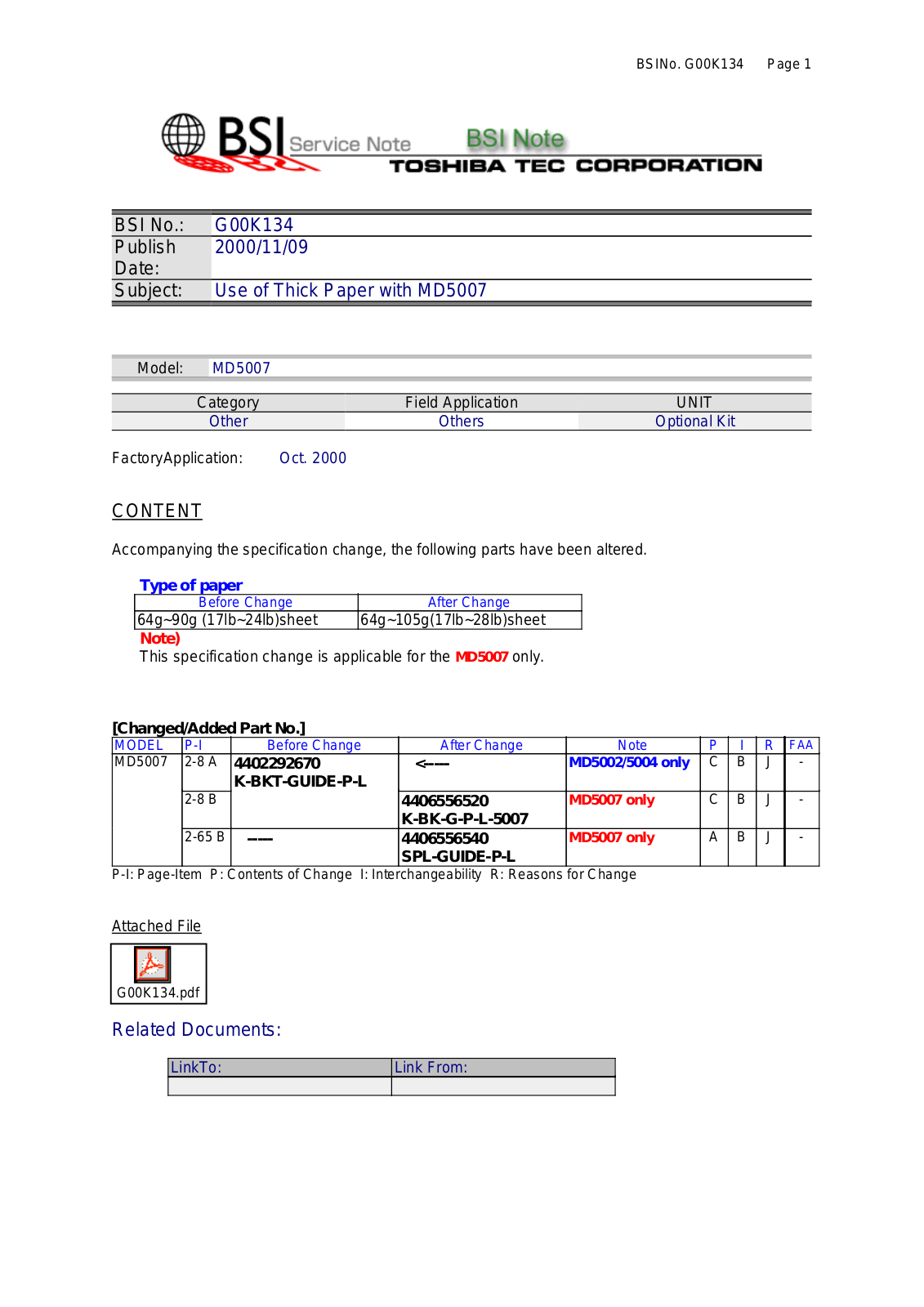 Toshiba G00K134 Service Note