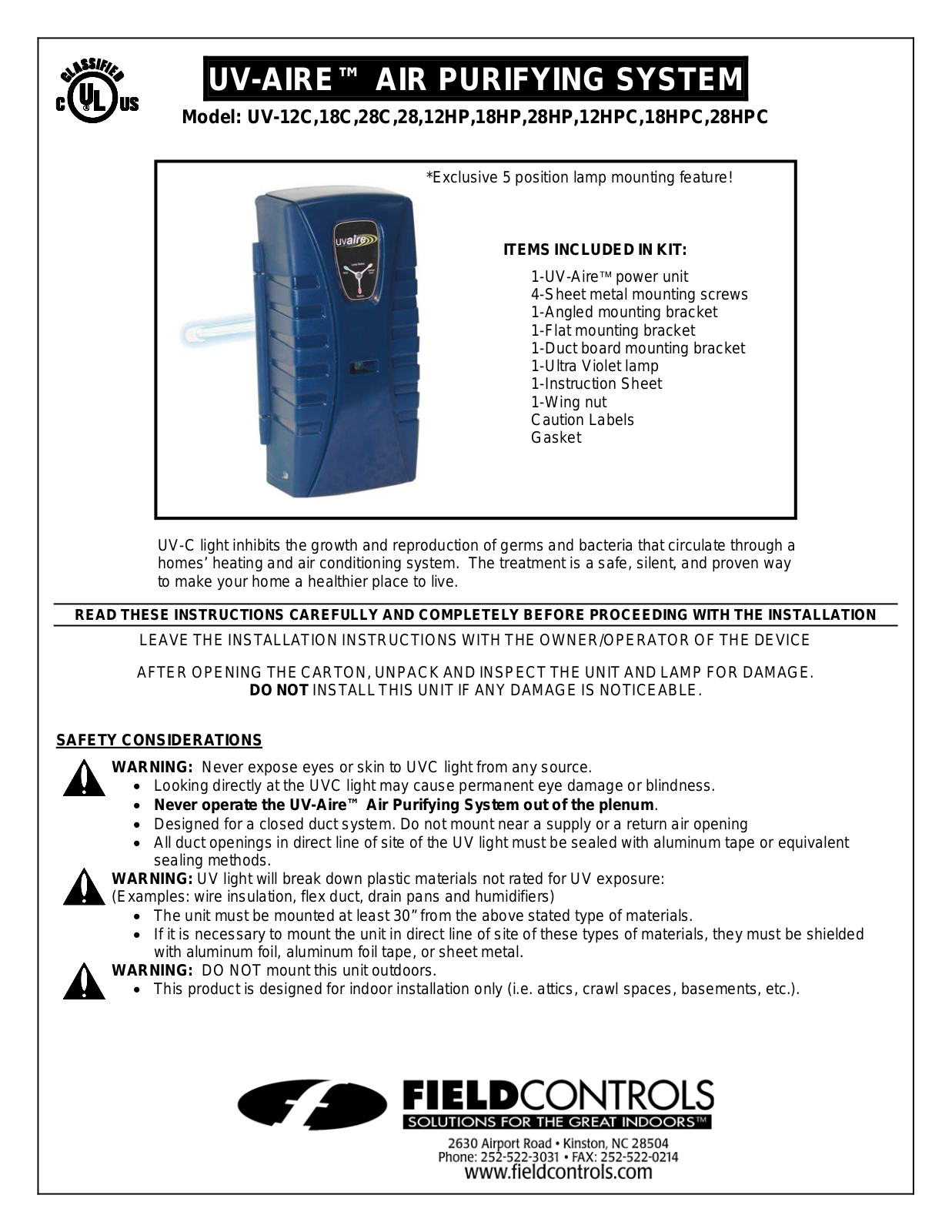 Field Controls UV-12HP, UV-28HP, UV-28C, UV-28, UV-18HP User Manual