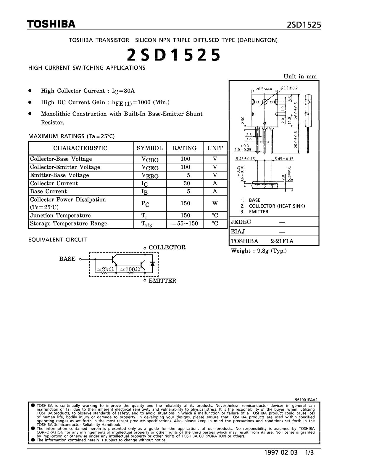 Toshiba 2SD1525 Datasheet