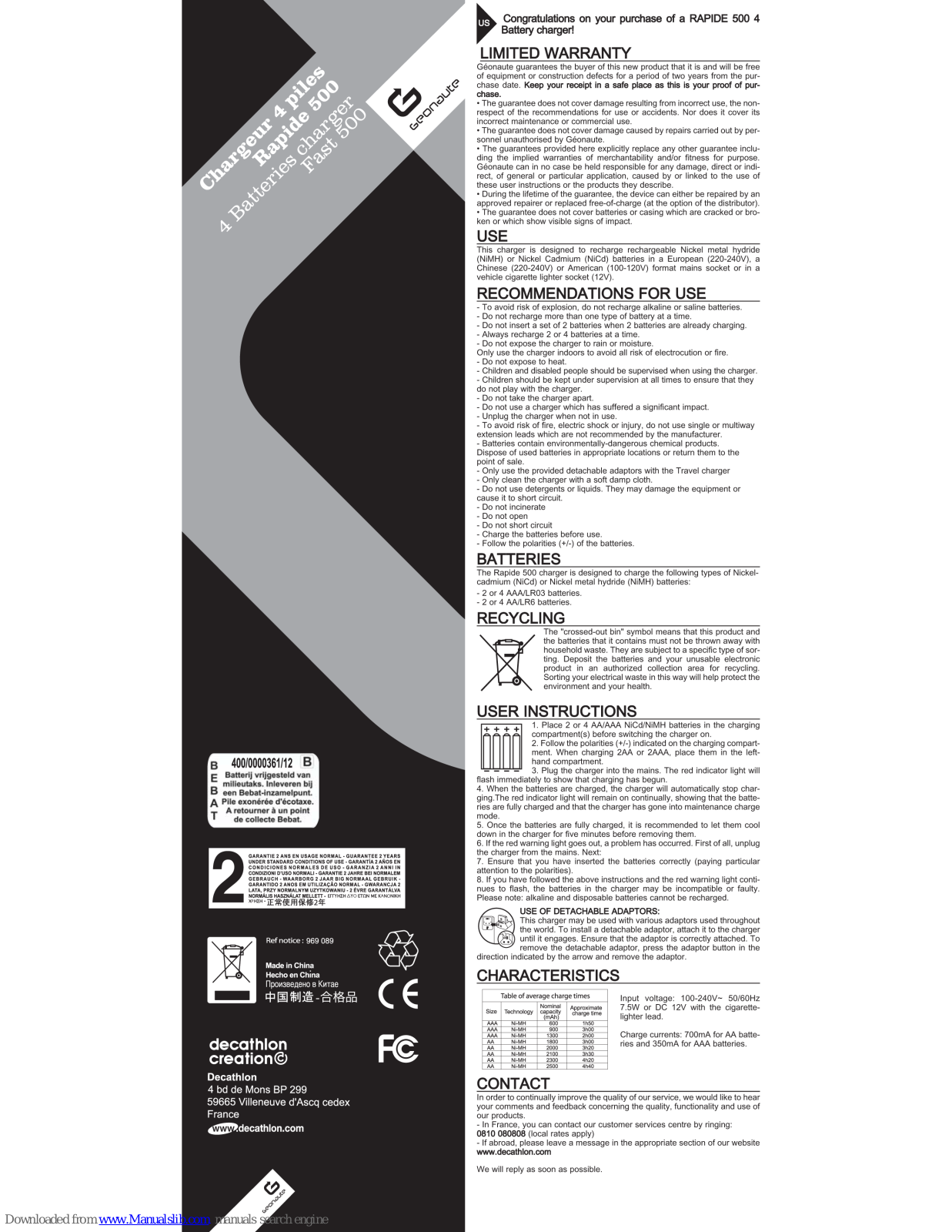 GEONAUTE BATTERY CHARGER 500, Fast 500 User Manual