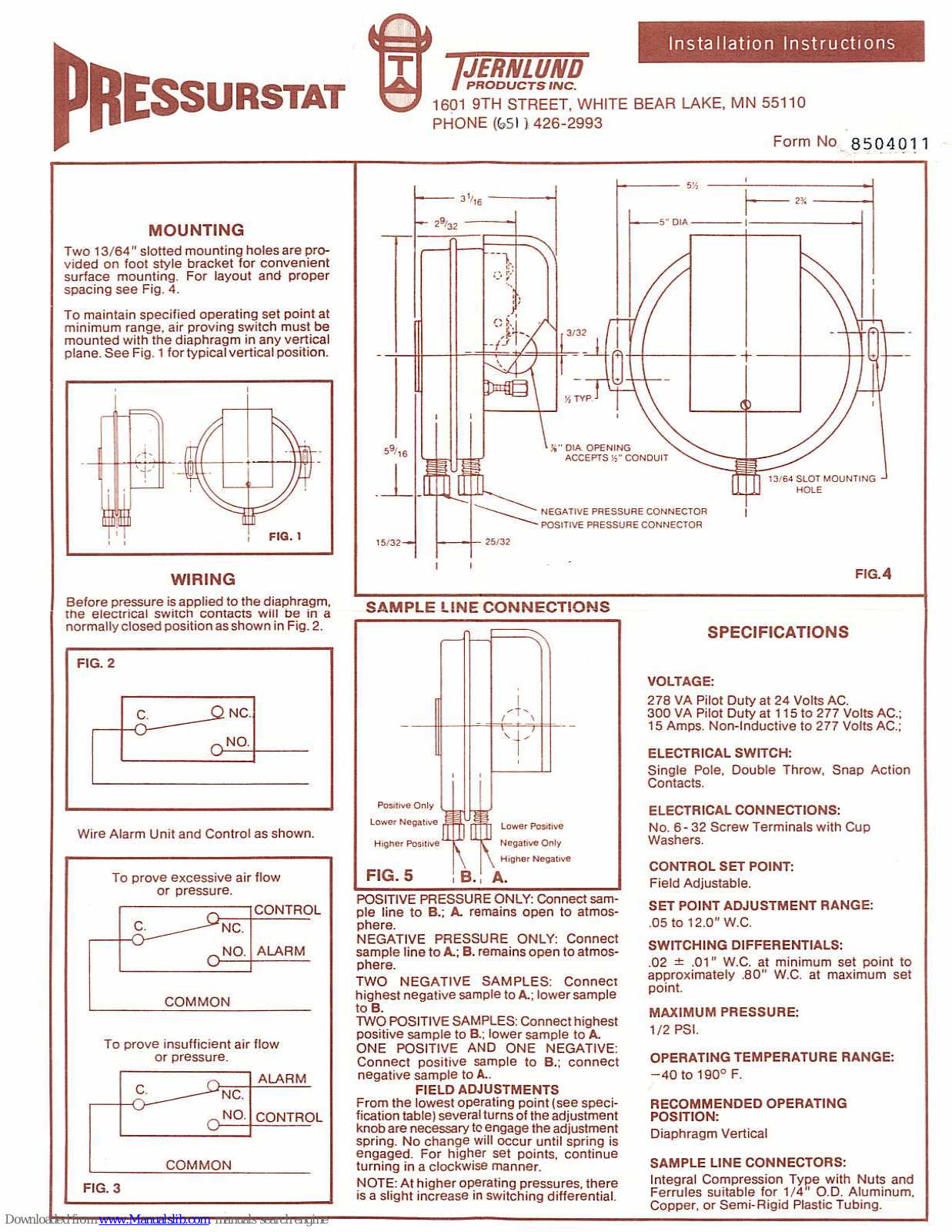 TJERNLUND PS2501 FAN PROVING SWITCH, Pressurestat PS2501 User Manual