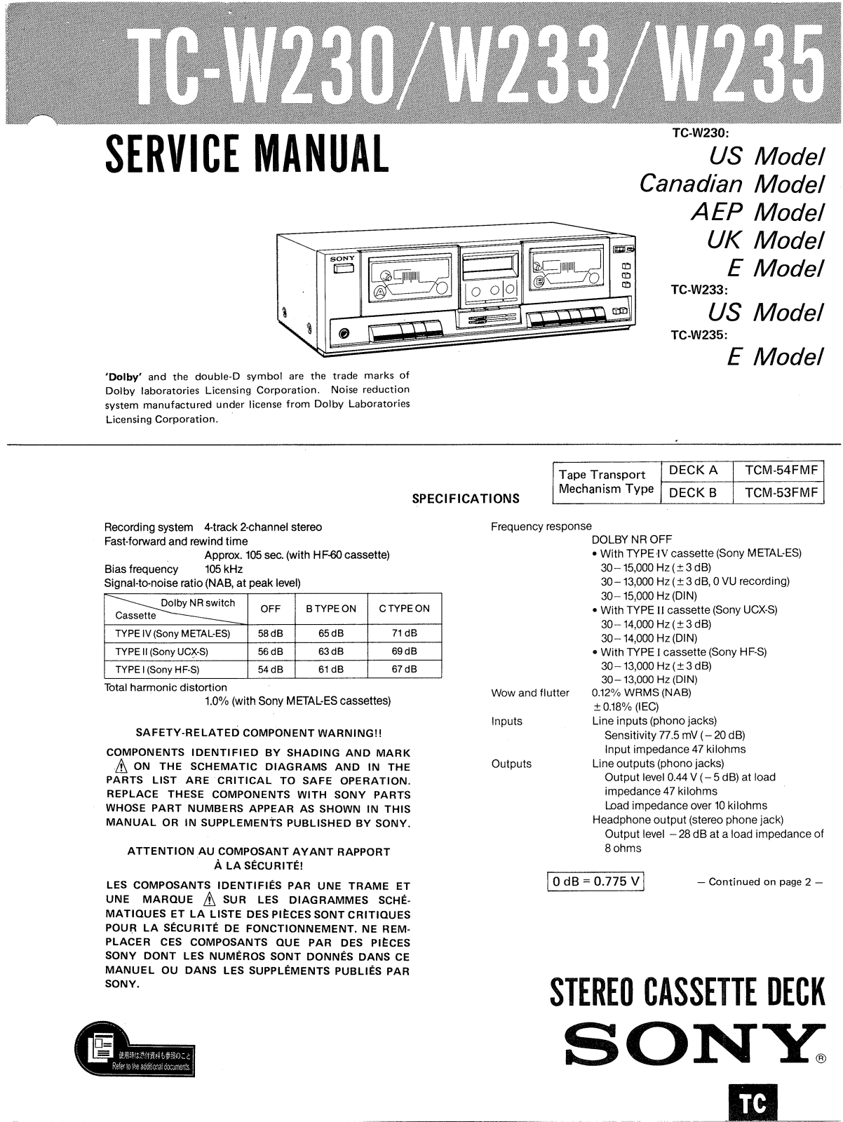 Sony TCW-230, TCW-233, TCW-235 Service manual