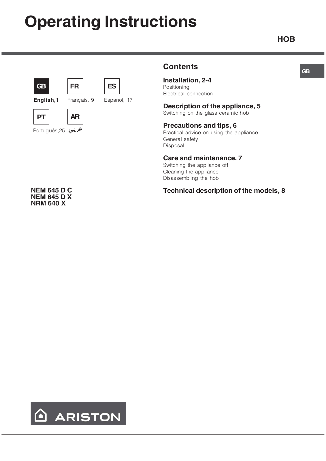 Hotpoint NEM 645 D X, NEM 645 D C, NRM 640 X User Manual