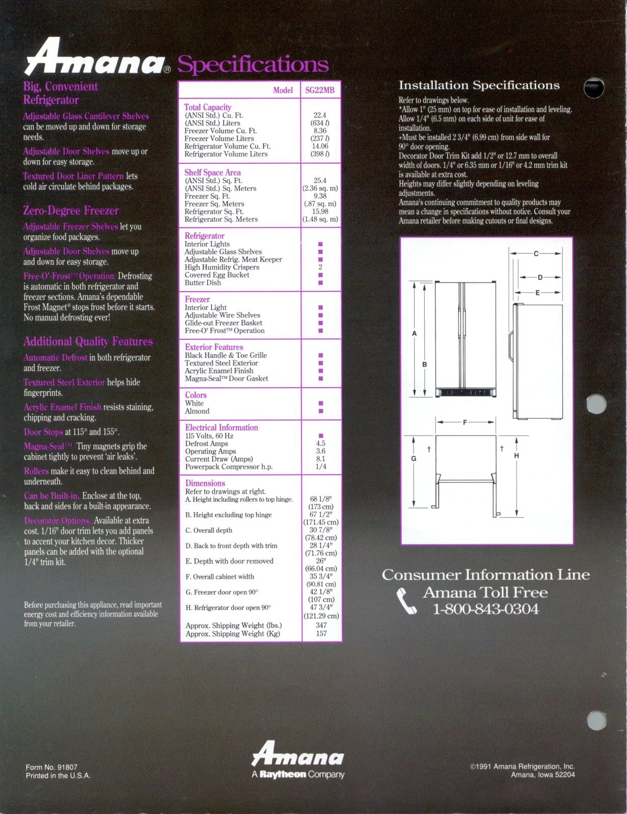 Amana SG22MBG, SG22MBL, SG22MBW Specification Sheet