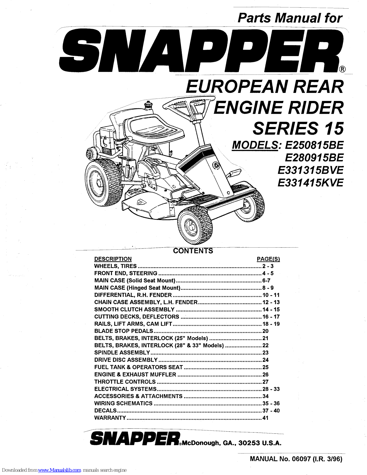 Snapper E331415KVE, E250815BE, E280915BE Parts Manual