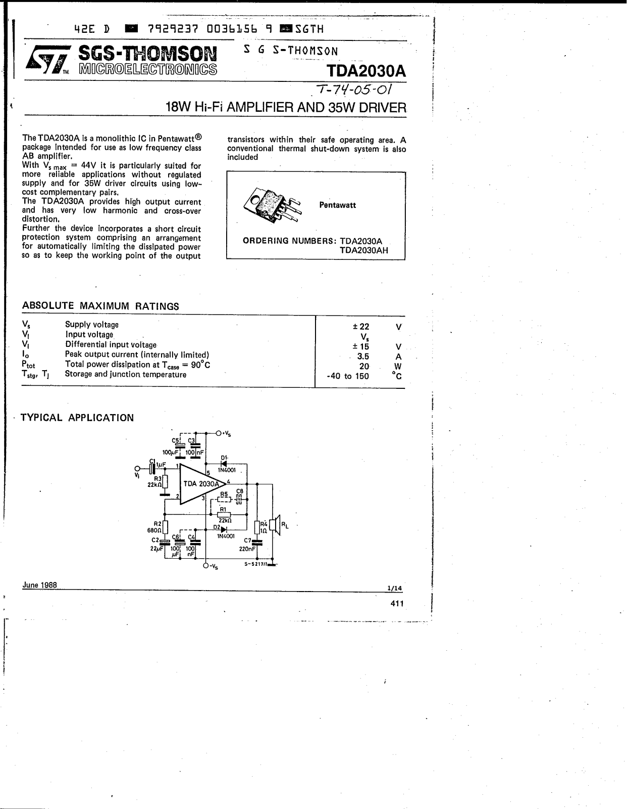 STMicroelectronics TDA2030A, TDA2030AH Schematic