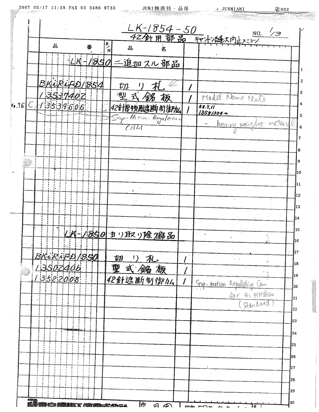 Juki LK-1854-50 Parts List