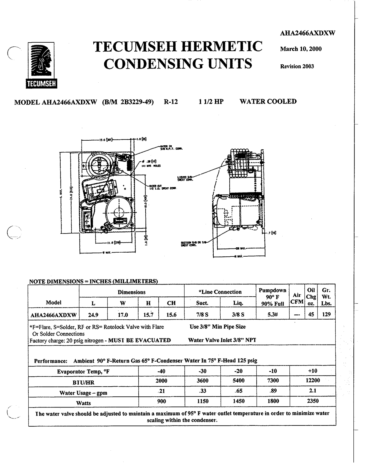 Tecumseh AHA2466AXDXW Performance Data Sheet