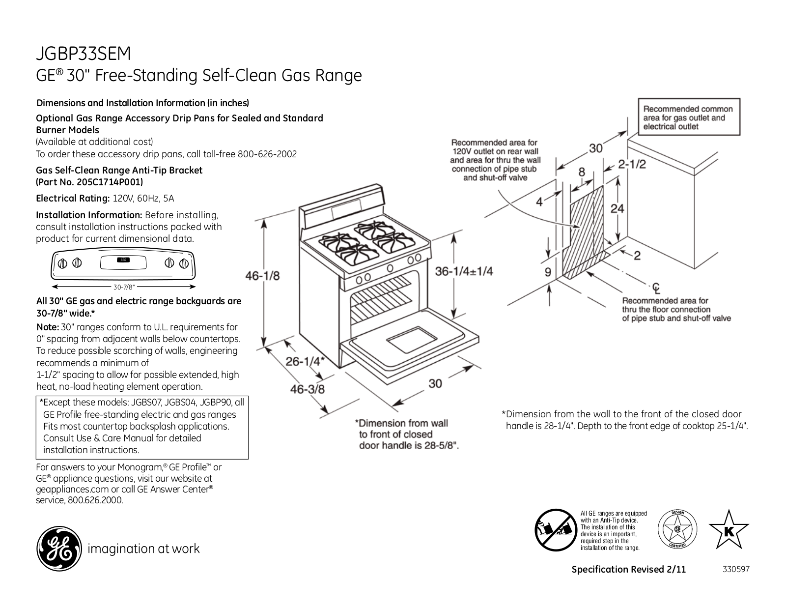 GE JGBP33SEM Specification