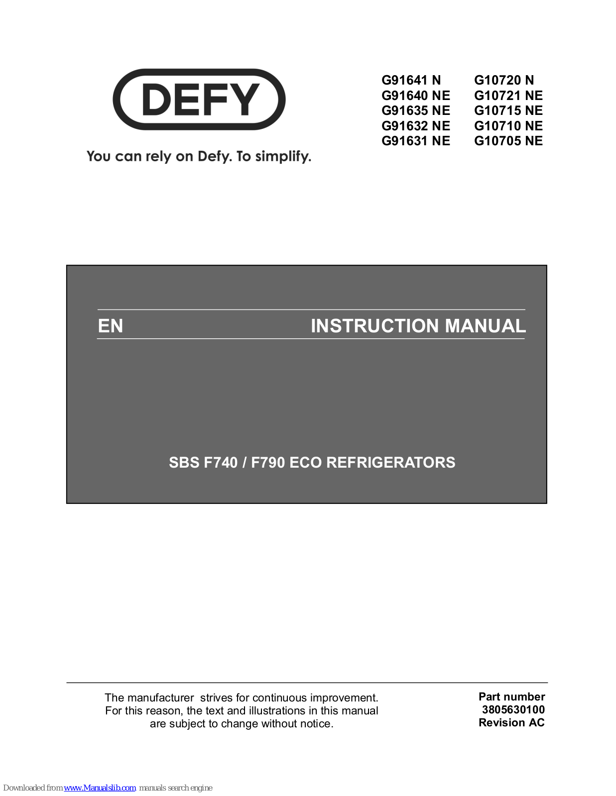 Defy SBS F740, SBS F790 Instruction Manual