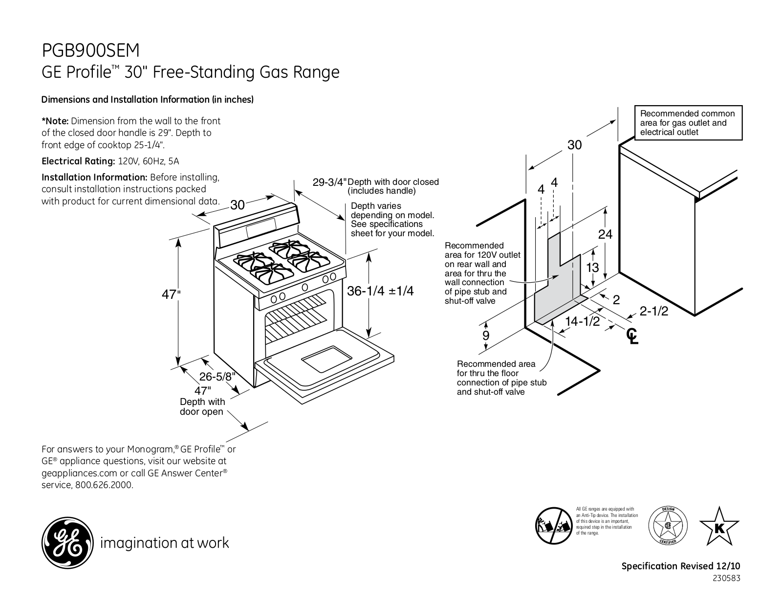 GE PGB900SEM Specification