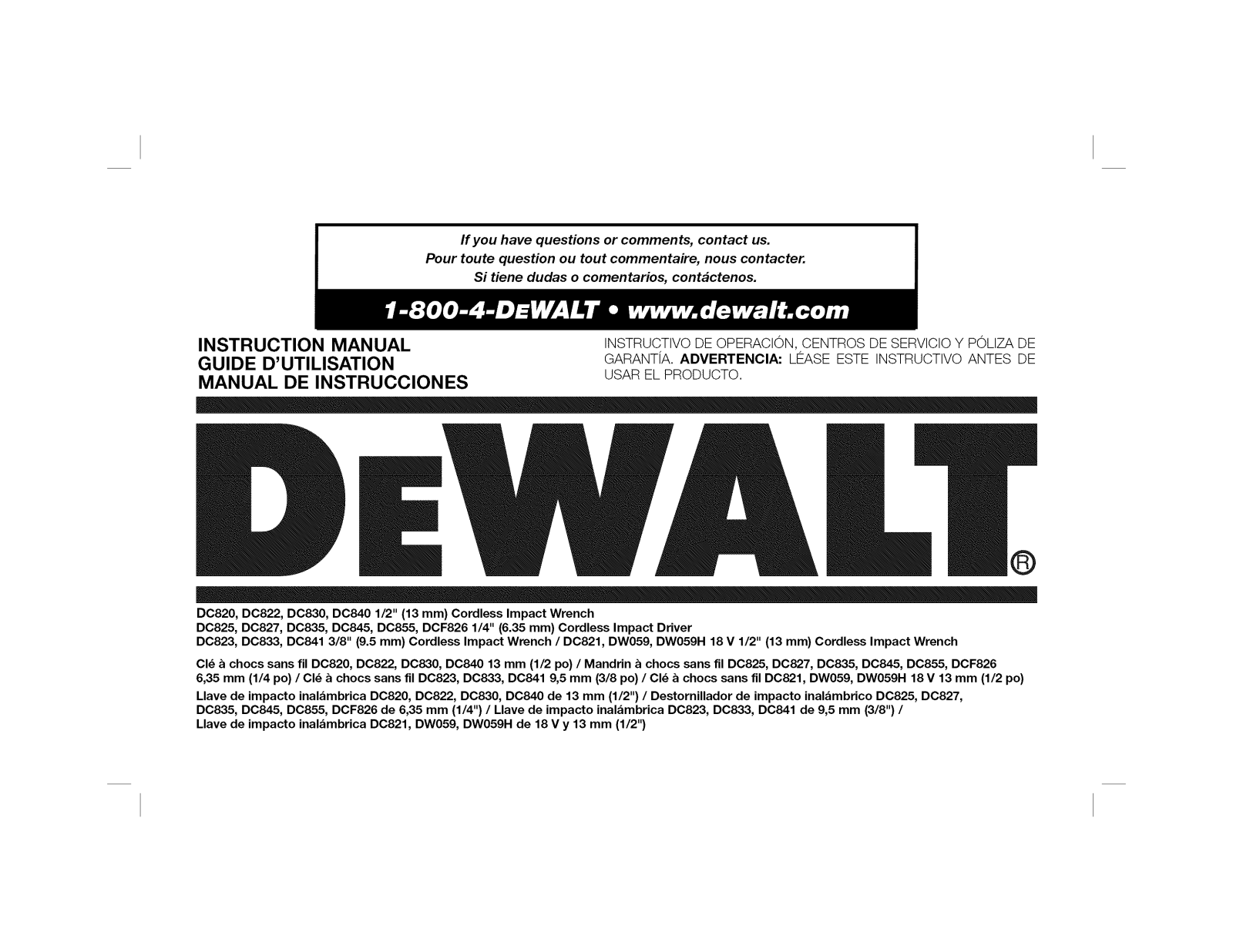 DeWalt DW059K-2 TYPE 1, DC845KA TYPE 3, DC827KL TYPE 2, DC825B TYPE 3, DC825B TYPE 2 Owner’s Manual