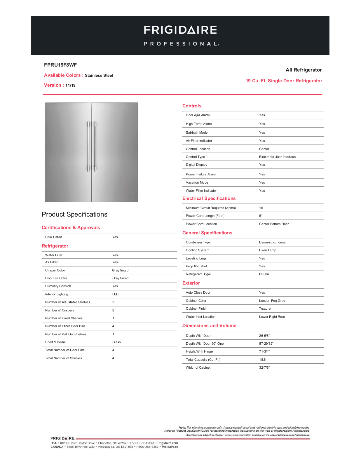 Frigidaire Professional FPRU19F8WF Specifications