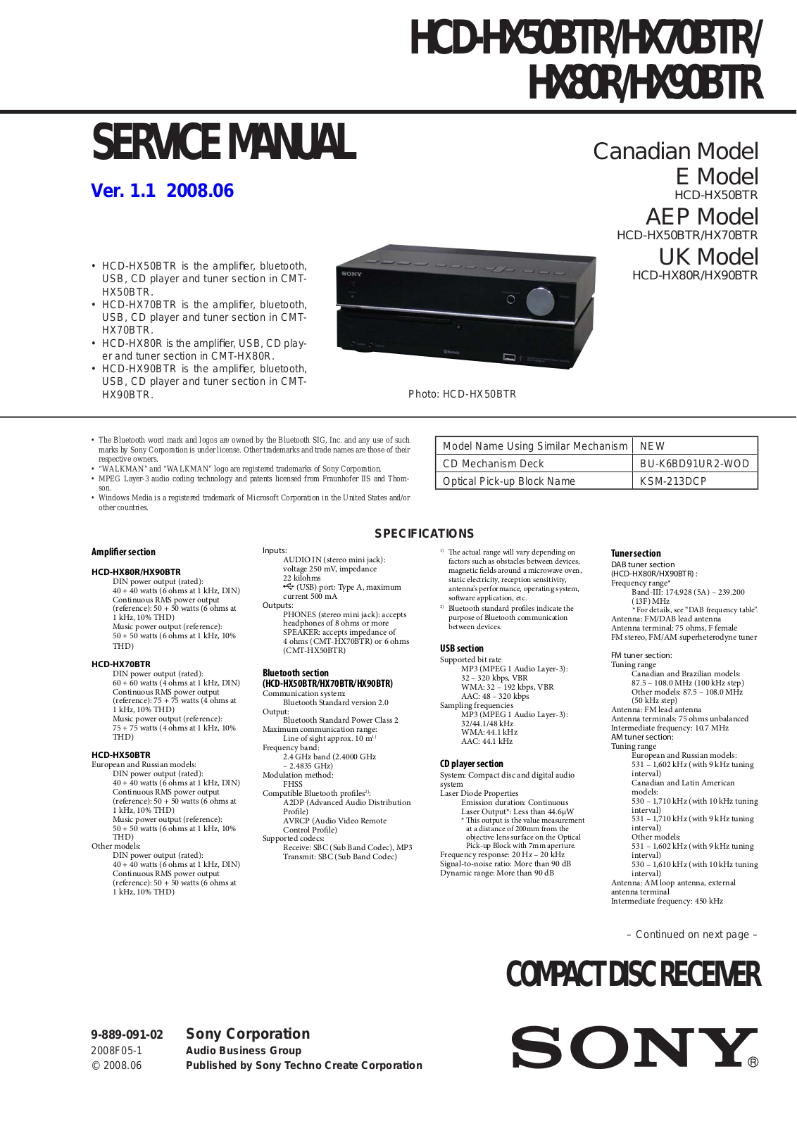 Sony HCD-HX50BTR, HCD-HX70BTR, HCD-HX80R, HCD-HX90BTR Schematic