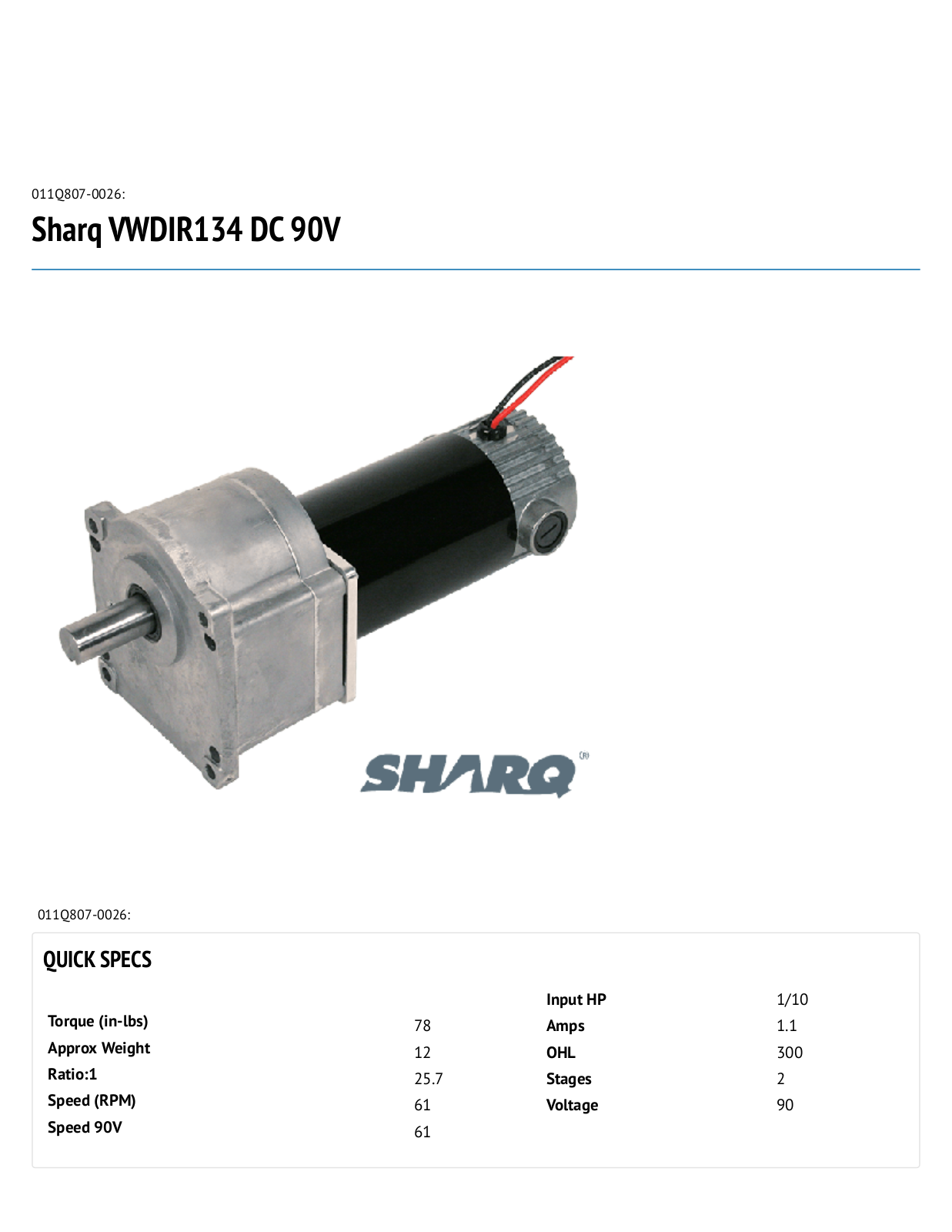 Bison Gear & Engineering 011Q807-0026 Data Sheet