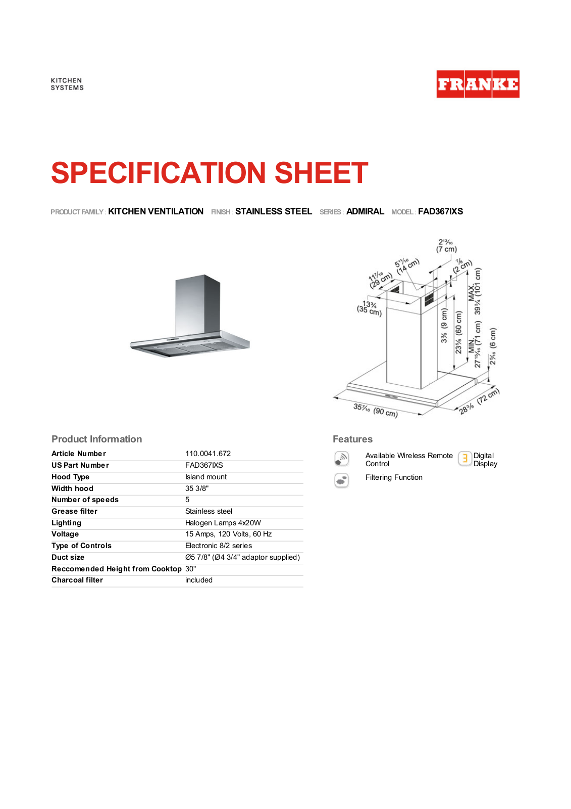 Franke Foodservice FAD367IXS User Manual