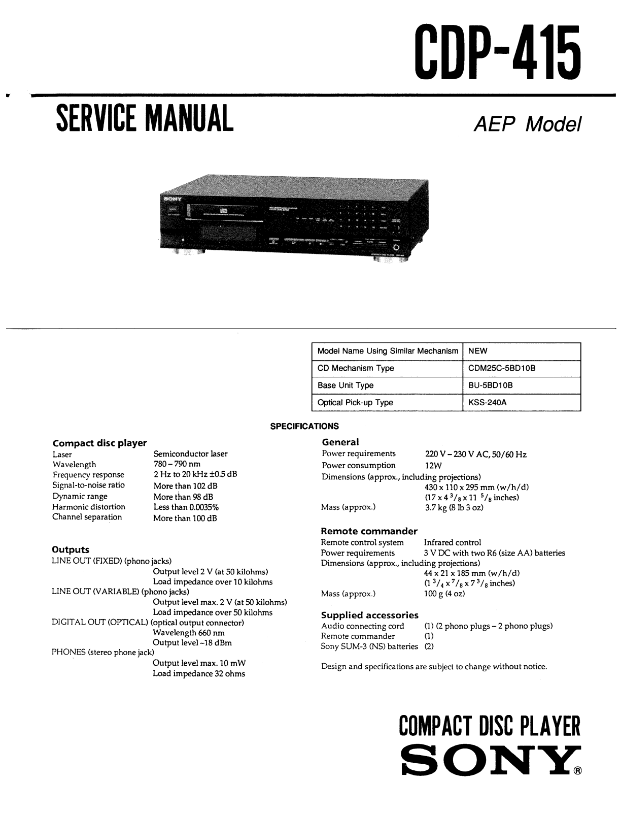 Sony CDP-415 Service manual