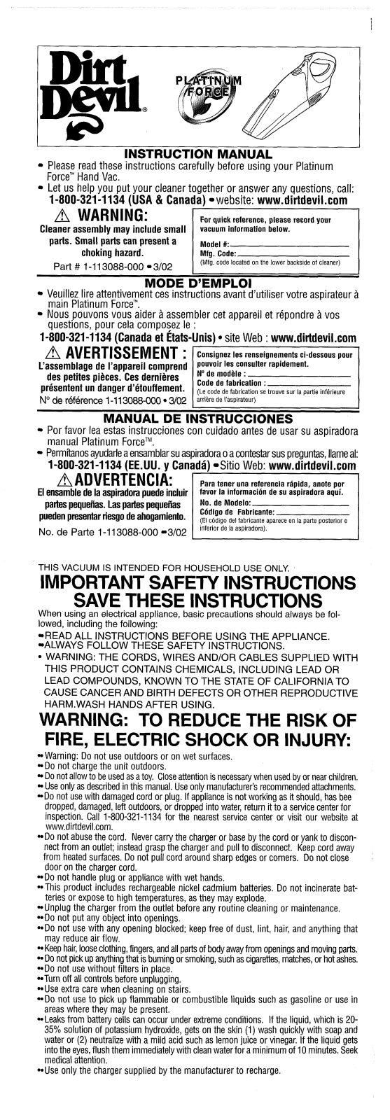 Dirtdevil M0890X User Manual - ManualMachine.com