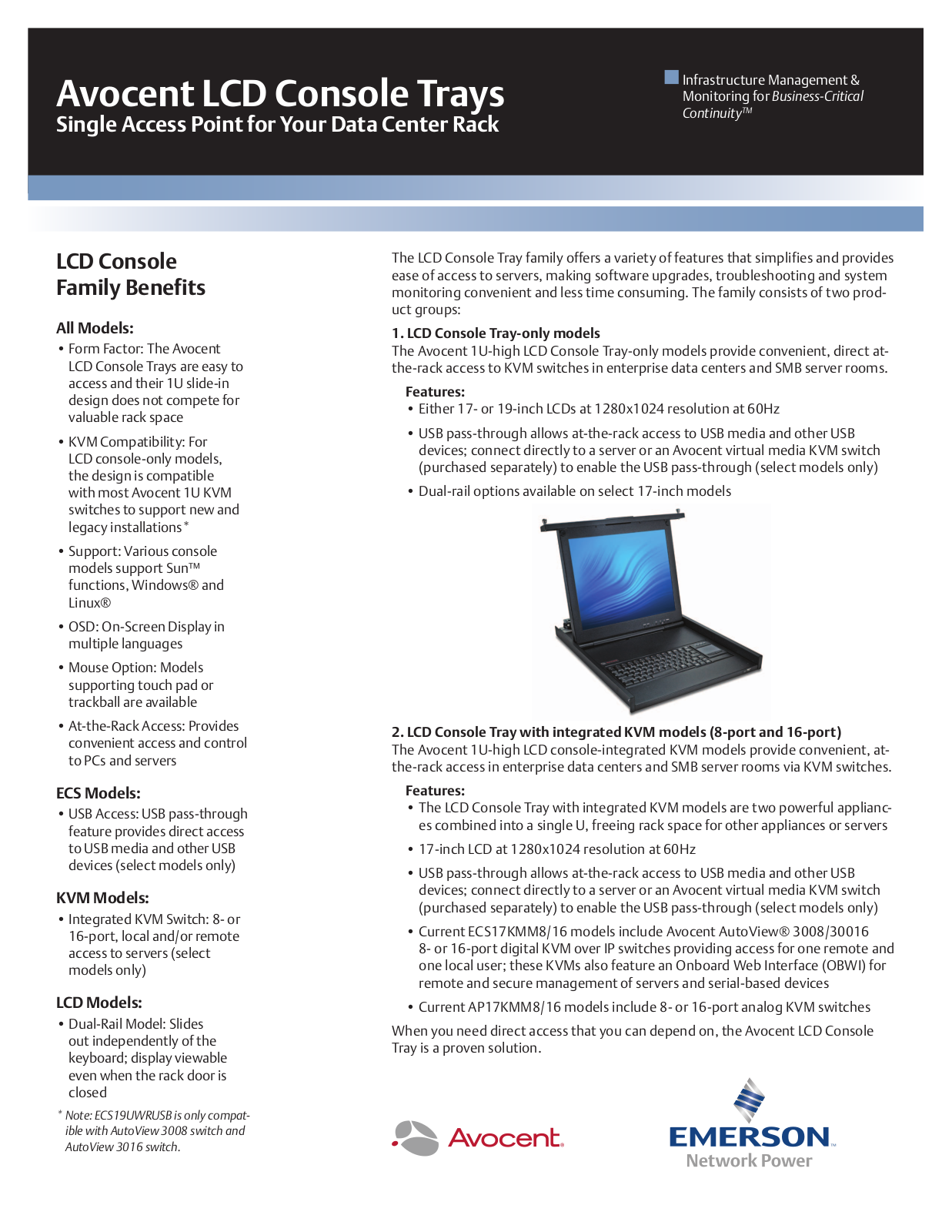 Emerson Avocent LCD Console Tray Brochures and Data Sheets