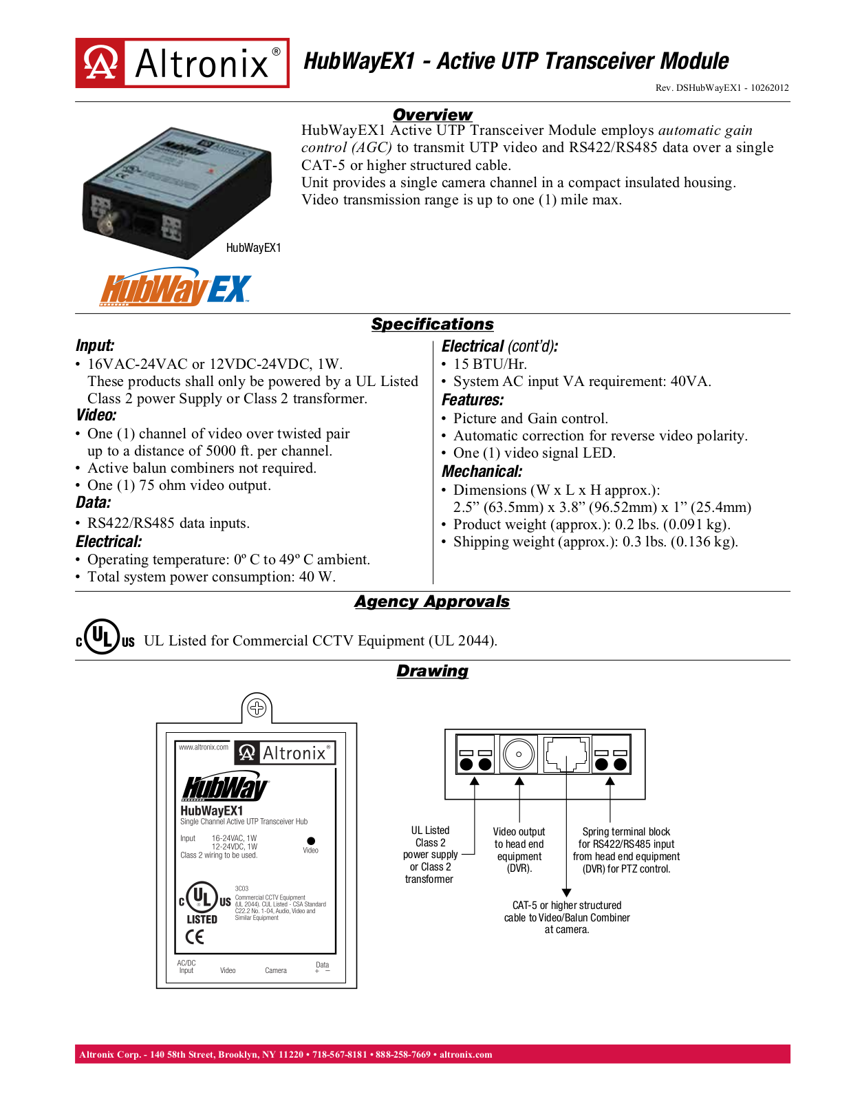 Altronix HubWay EX1 Data Sheet