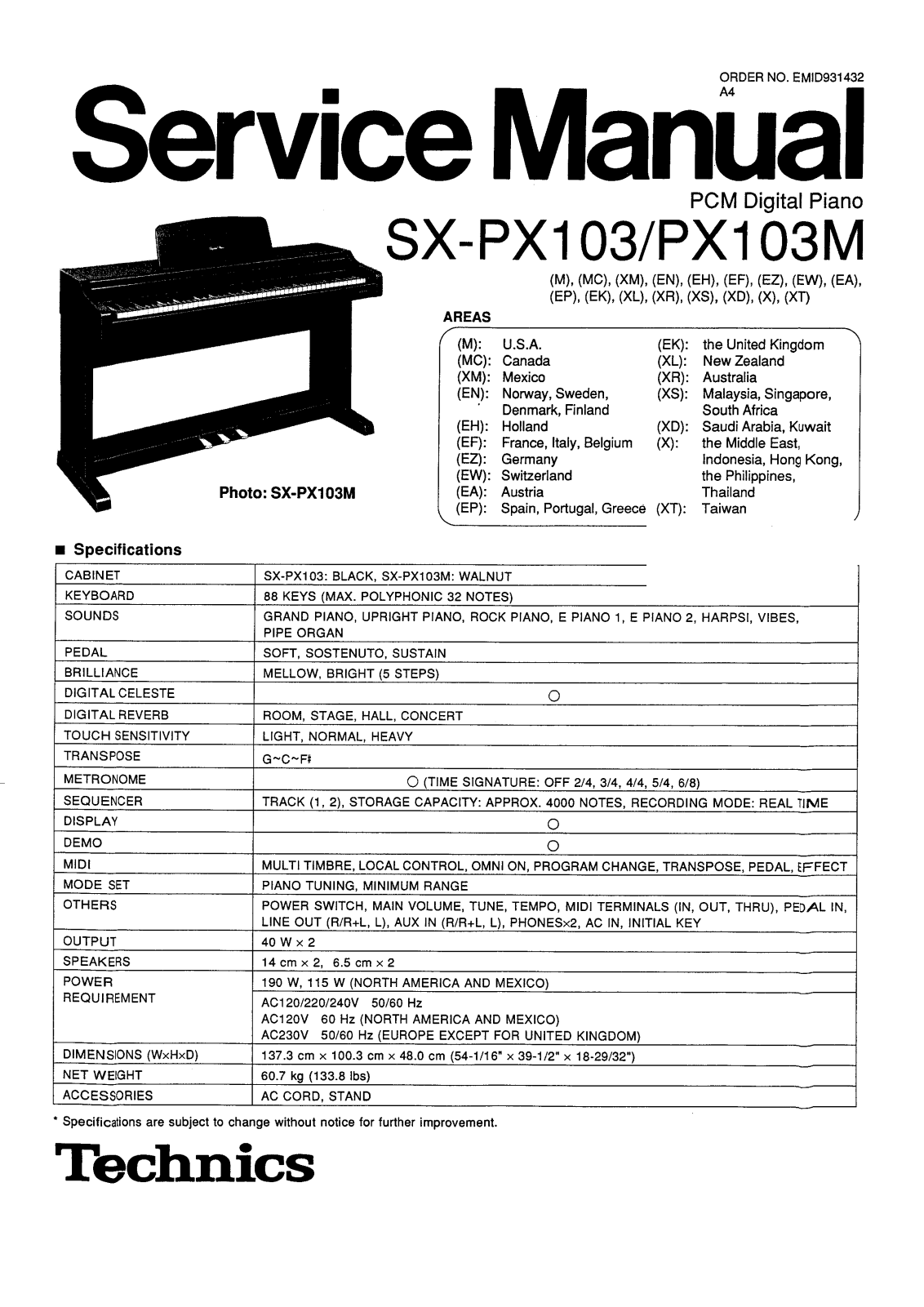 Technics SX-PX103, SX-PX103M Service Manual