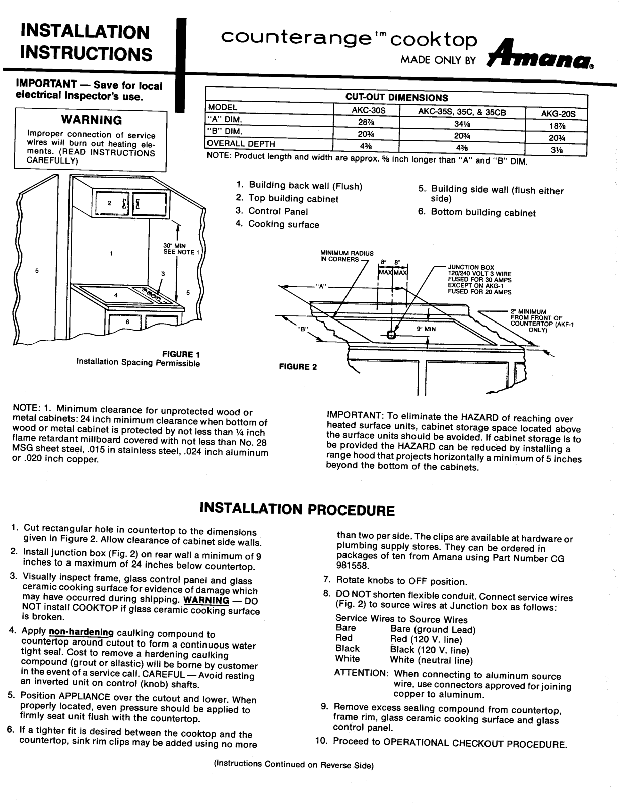 Amana AKC30S, AKC35C, AKC35S, AKC35CB, AKG20S Installation Instructions