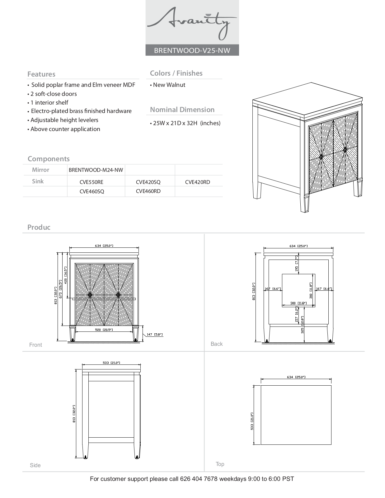 Avanity BRENTWOODVS25NW Specifications