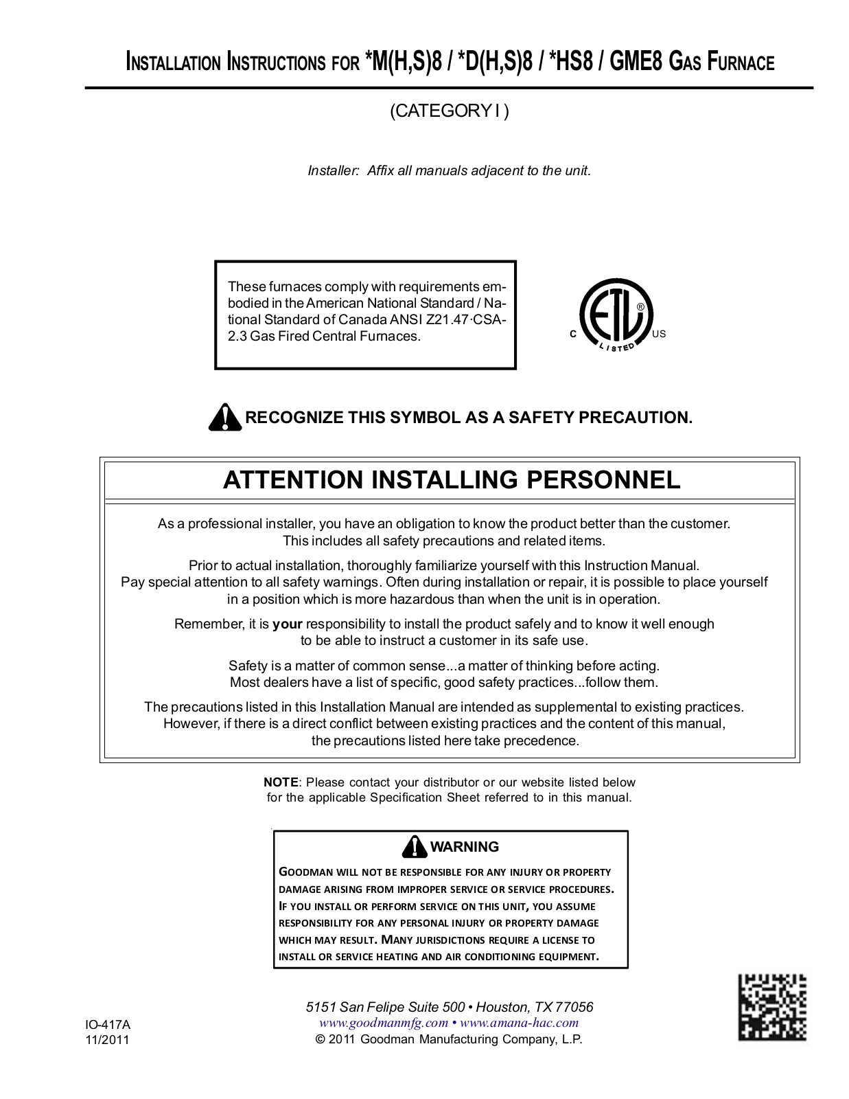 Amana M-H-S-8, D-H-S8, HS8, GME8 User Manual