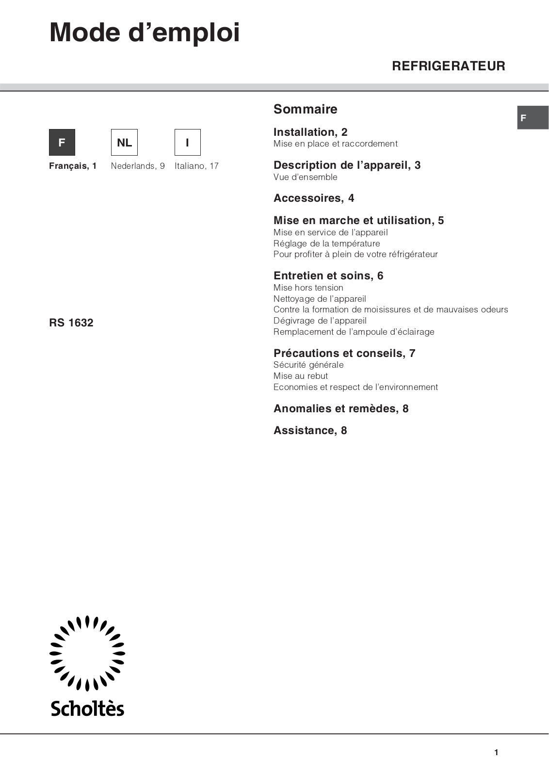 SCHOLTES RS1632 User Manual