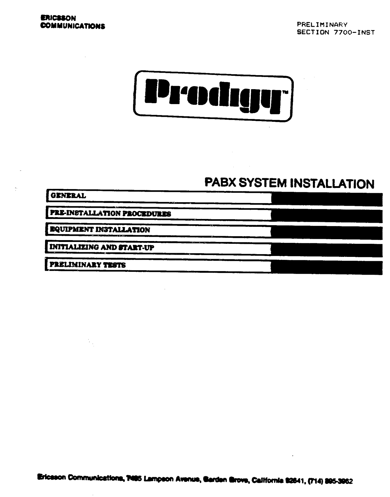 Ericsson PRODIGY PABX SYSTEM INSTALLATION INSTRUCTIONS