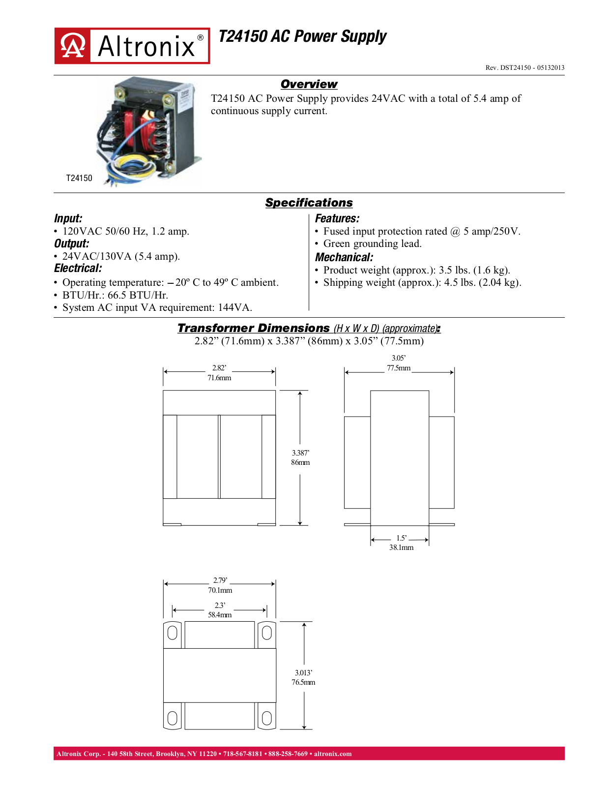 Altronix T24150 Data Sheet