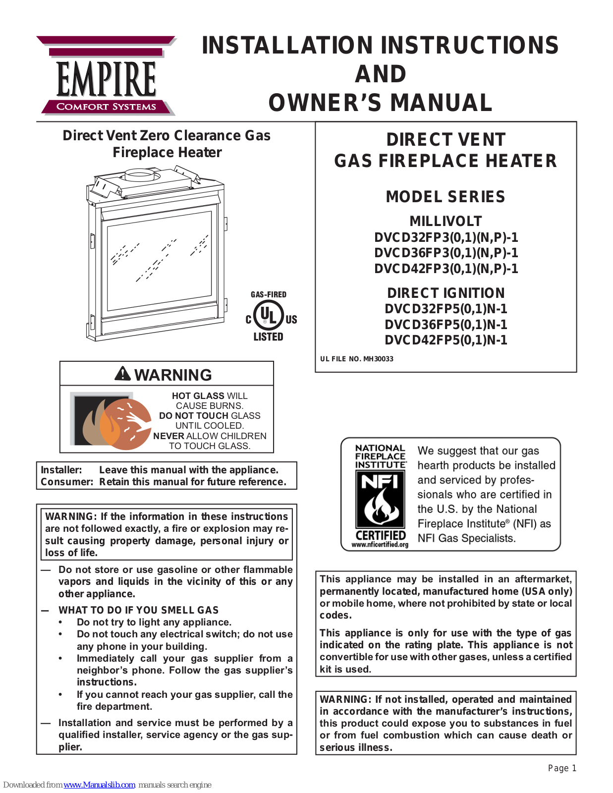 Empire Comfort Systems DVCD36FP30N-1, DVCD32FP30N-1, DVCD36FP30P-1, DVCD36FP31N-1, DVCD36FP31P-1 Installation Instructions And Owner's Manual