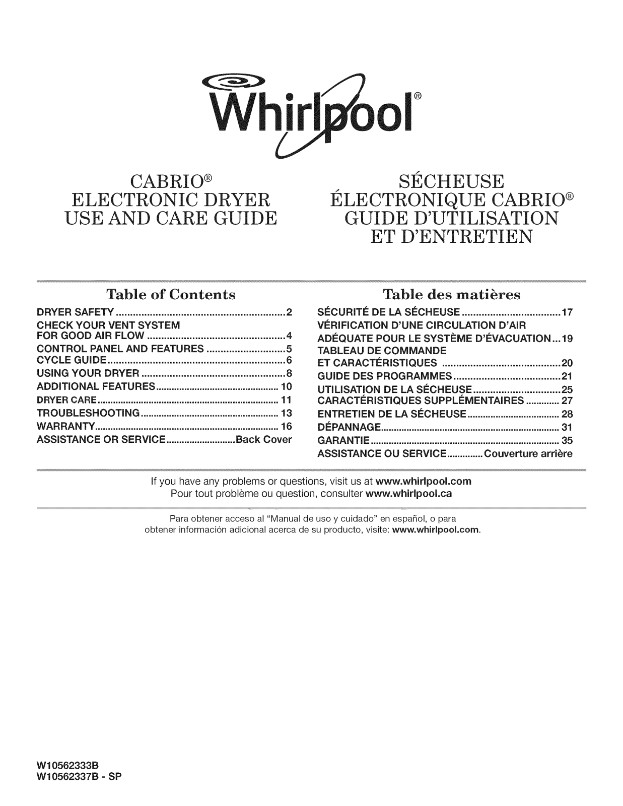 Whirlpool YWED8500BW0, YWED8500BC0, WGD8500BR0, WED8500BR0 Owner’s Manual