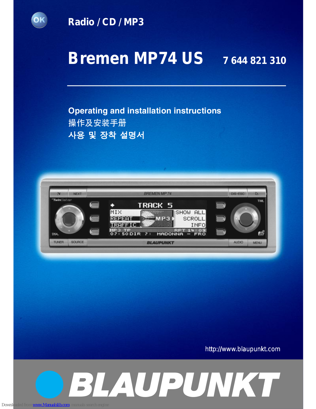 Blaupunkt 7 644 821 310 Operating And Installation Instructions