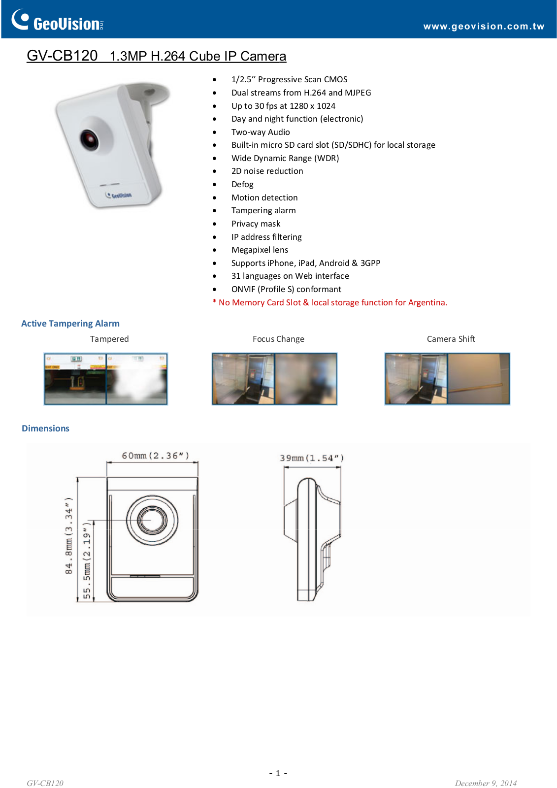 Geovision GV-CB120 Specsheet