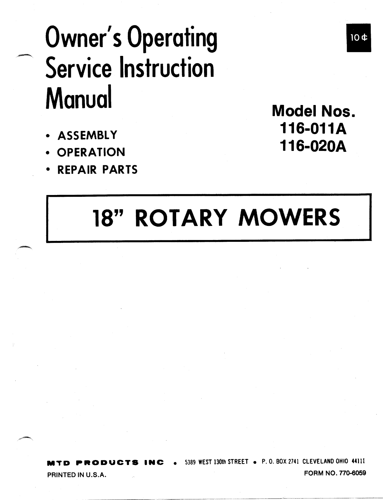 MTD 116-020A, 116-011A User Manual