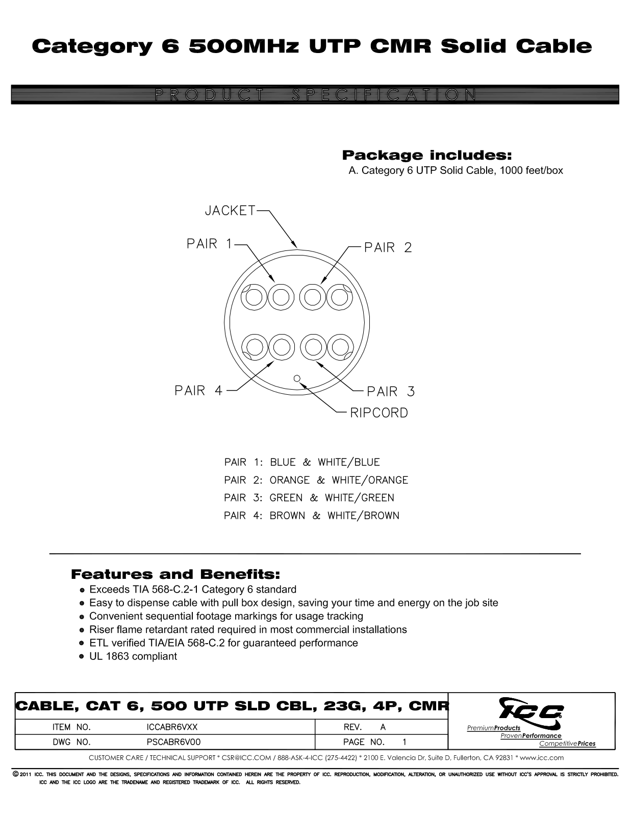 ICC ICCABR6VBL, ICCABR6VGN, ICCABR6VGY, ICCABR6VWH, ICCABR6VYL Specsheet