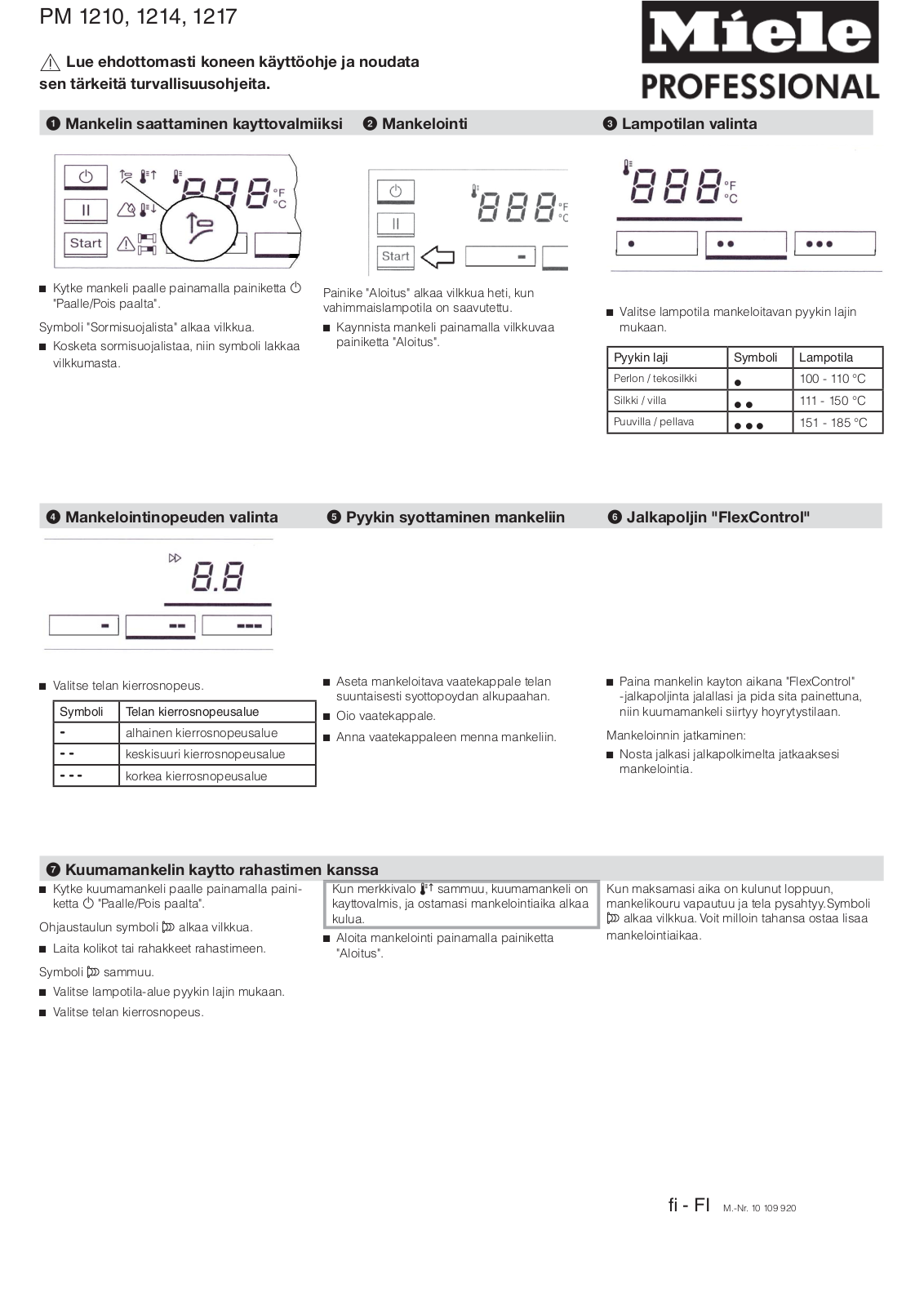 Miele PM 1210, PM 1214, PM 1217 Quick start guide