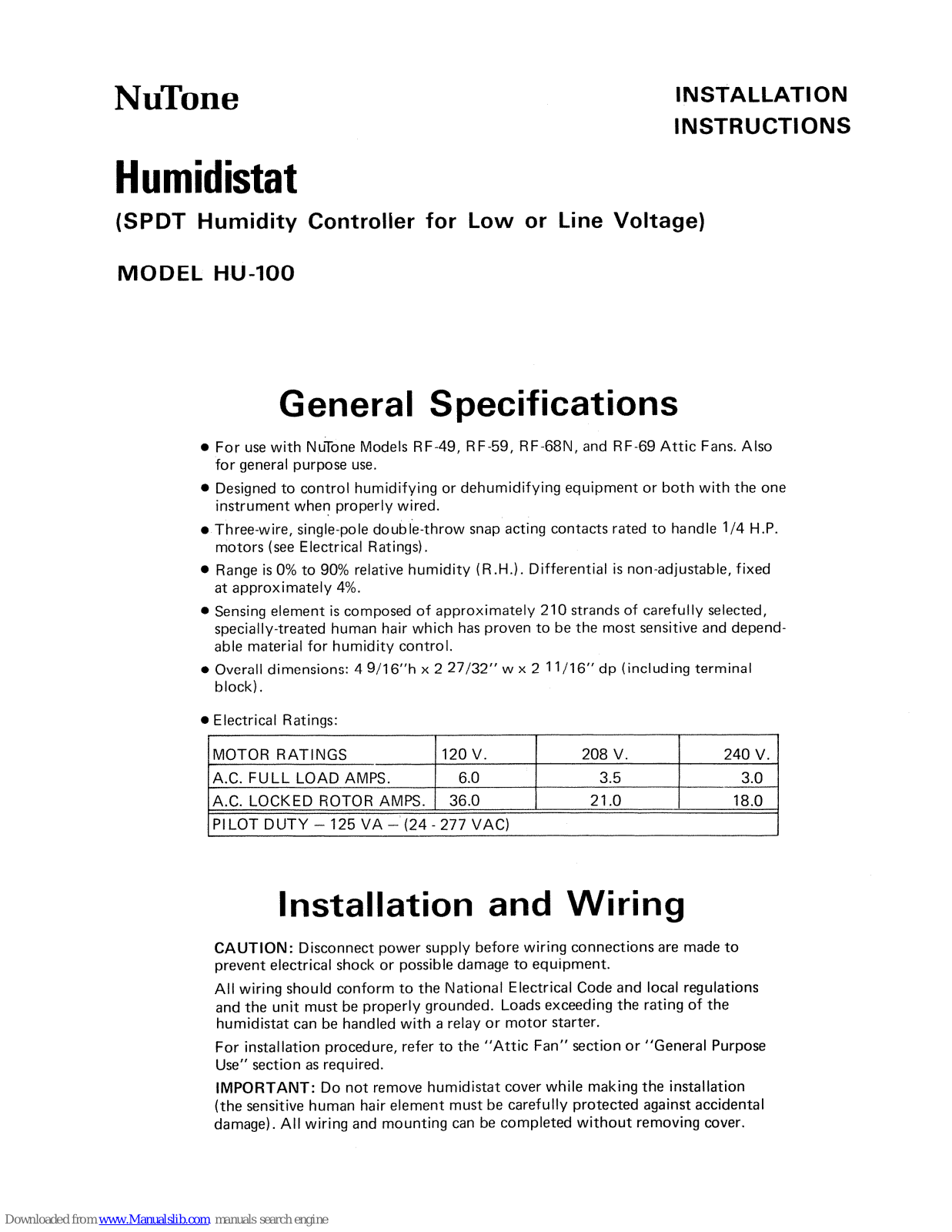 NuTone HU-100 Installation Instructions Manual