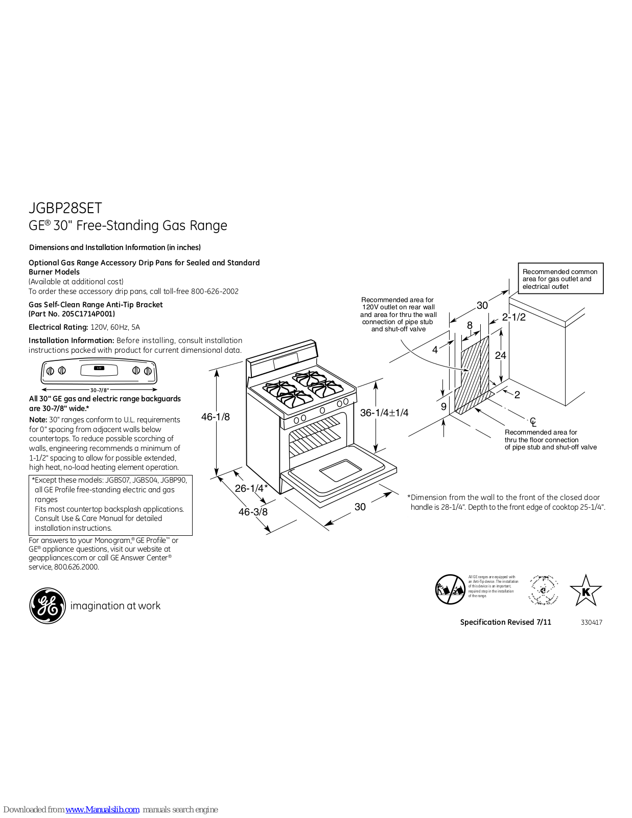 GE JGBP28METBS, JGBP28SET, JGBP28SETSS Dimensions And Installation Information