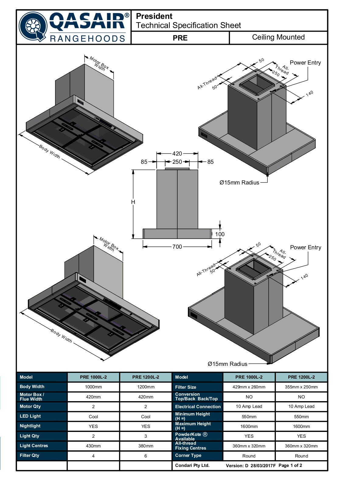 Qasair PRE1200L2 Specifications Sheet