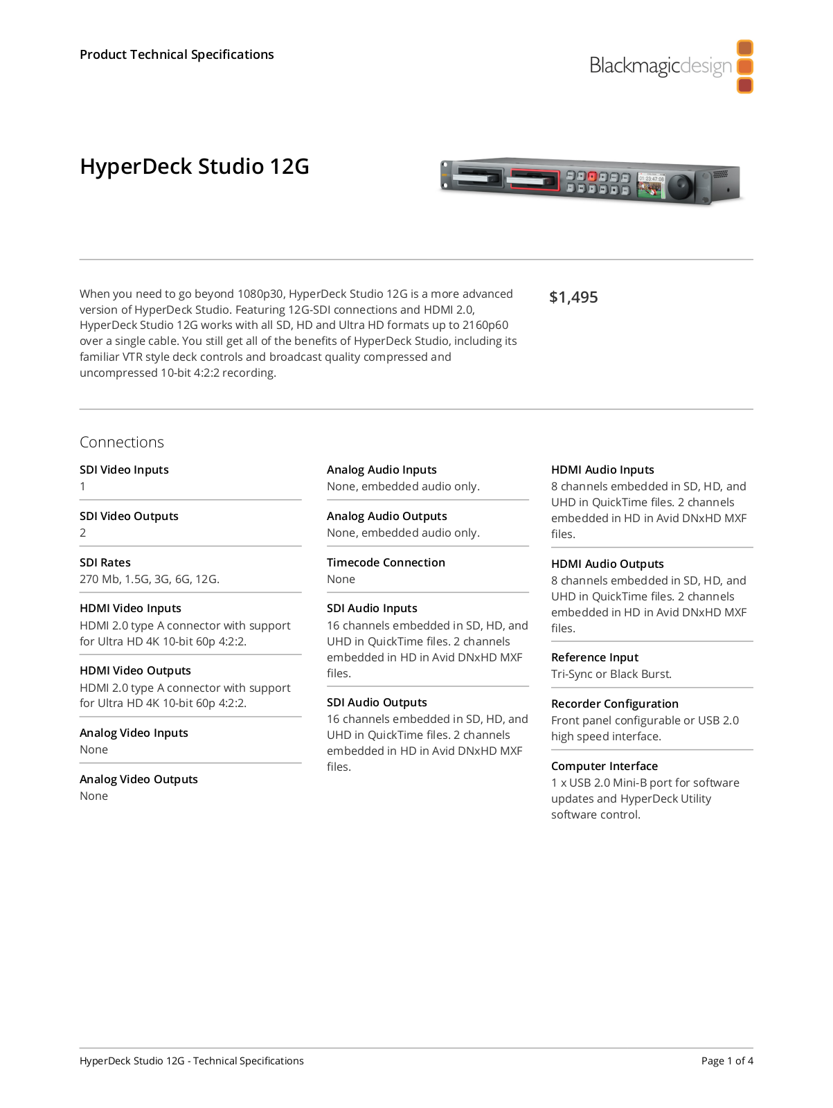 Blackmagic Design HyperDeck Studio 12G Specifications