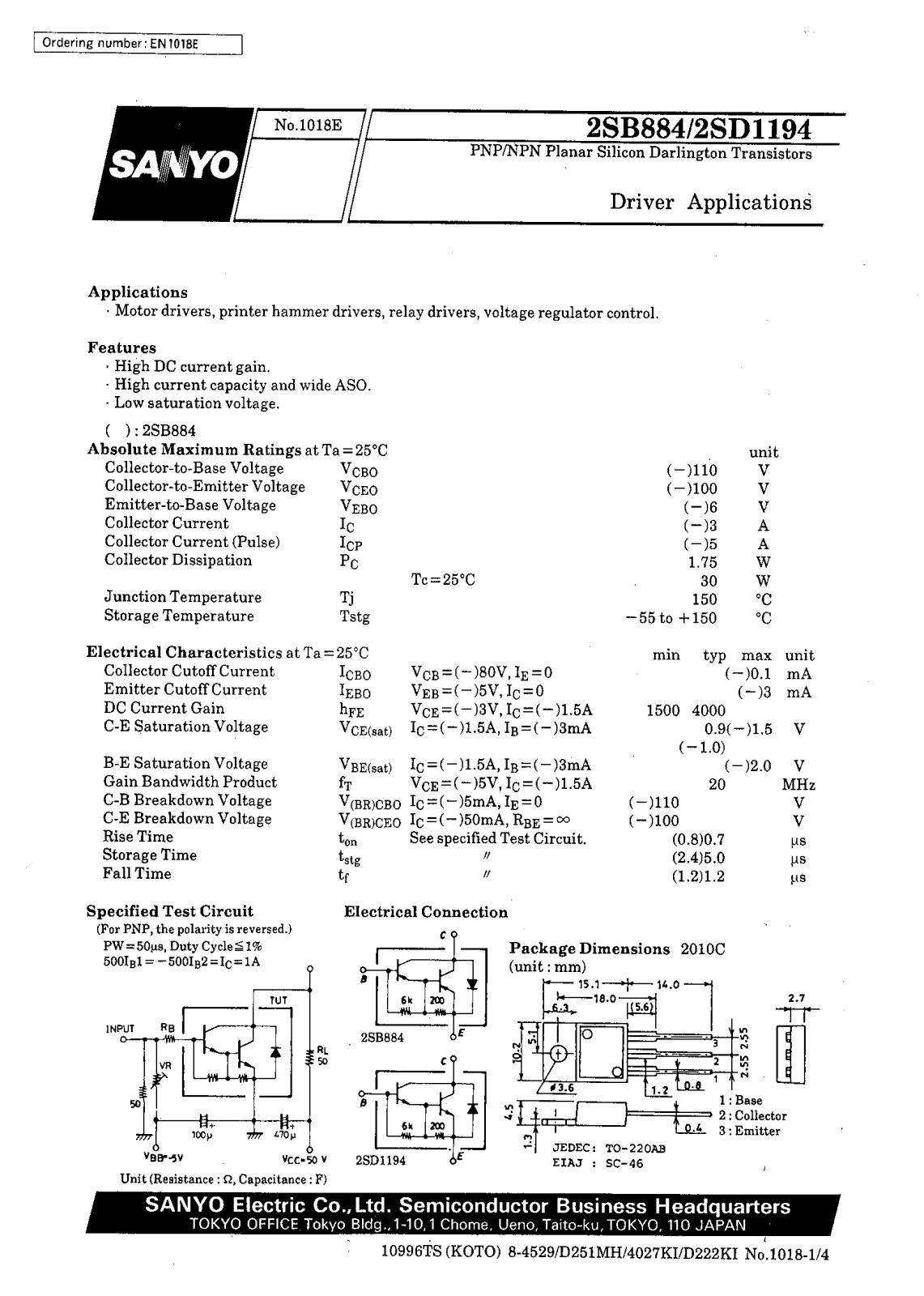 SANYO 2SD1194, 2SB884 Datasheet