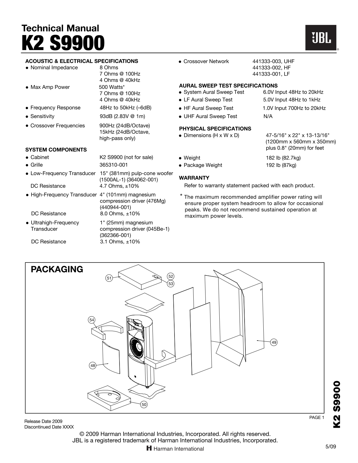 JBL K2S9900 Technical Manual