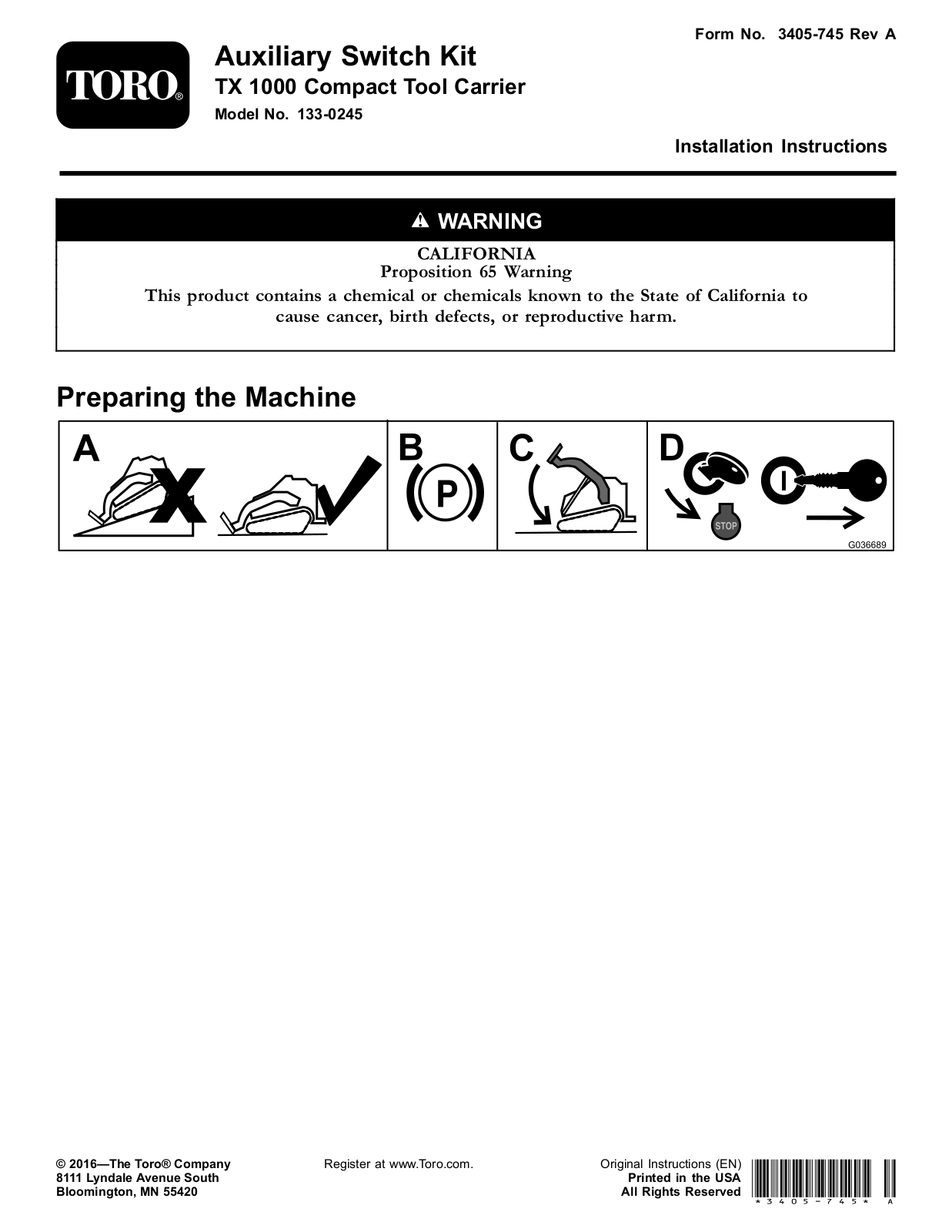 Toro 133-0245 Installation Instructions