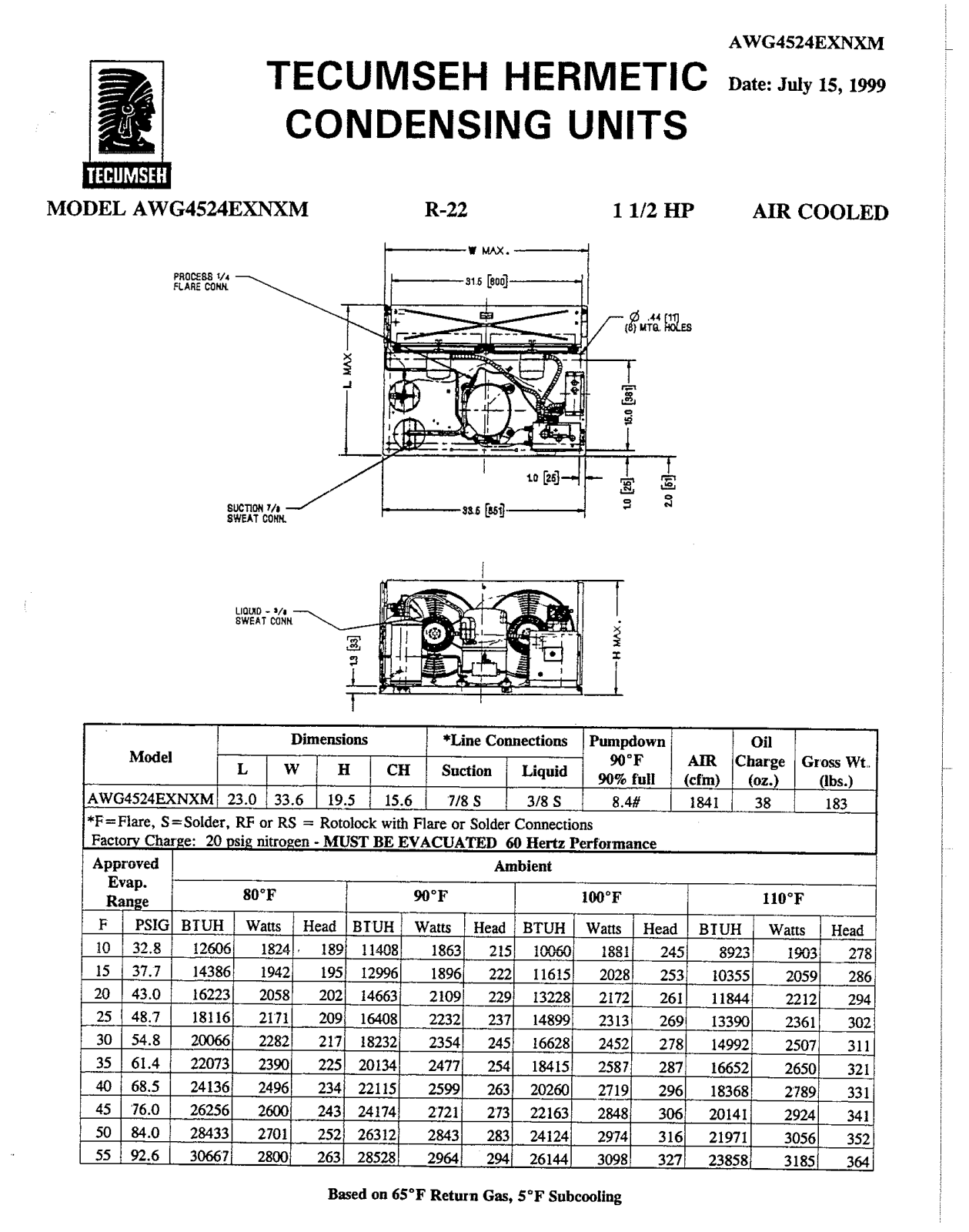 Tecumseh AWG4524EXNXM Performance Data Sheet