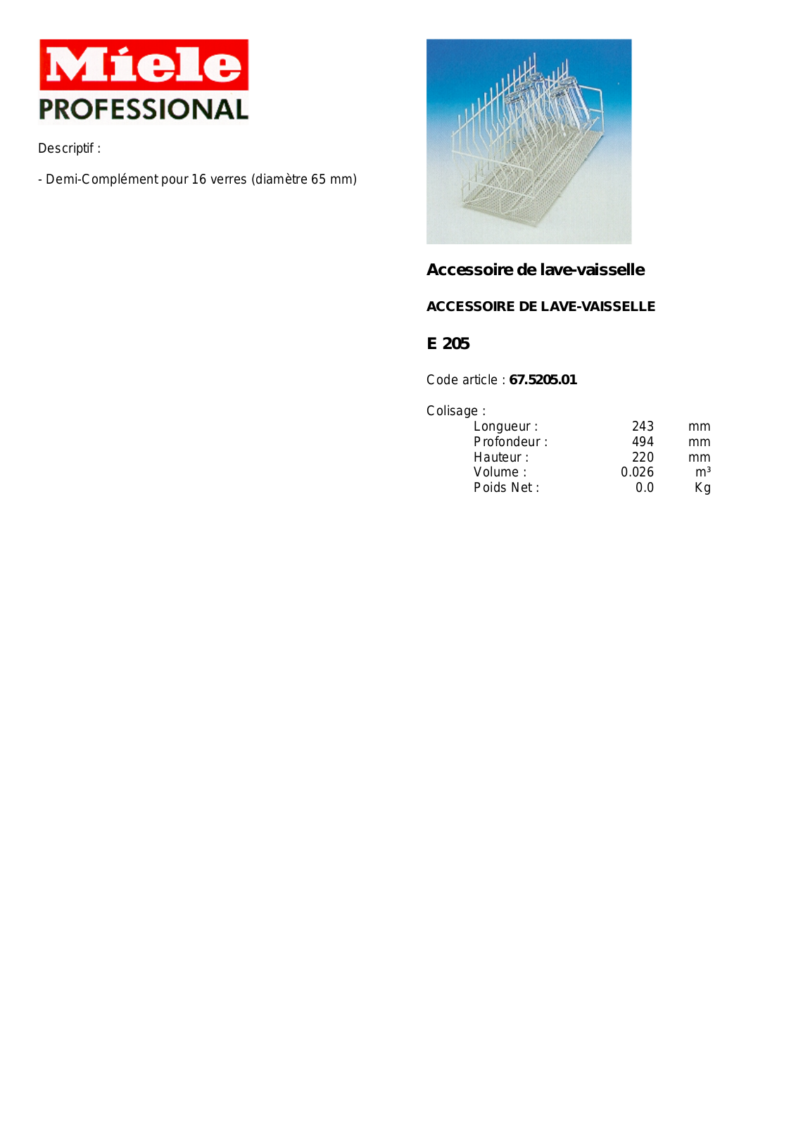 MIELE E 205 DESCRIPTIF User Manual