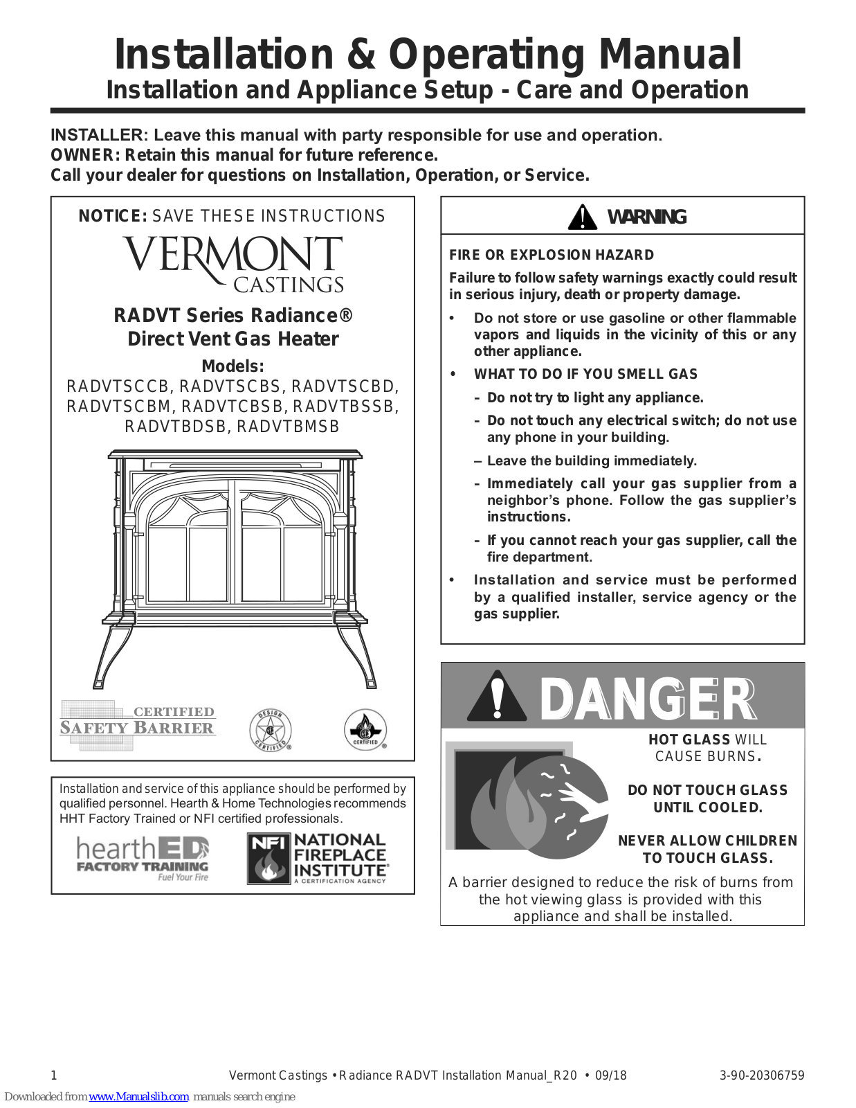 Vermont Castings Radiance RADVTBSSB, Radiance RADVTSCCB, Radiance RADVTCBSB, Radiance RADVTSCBM, Radiance RADVTBMSB Installation & Operating Manual